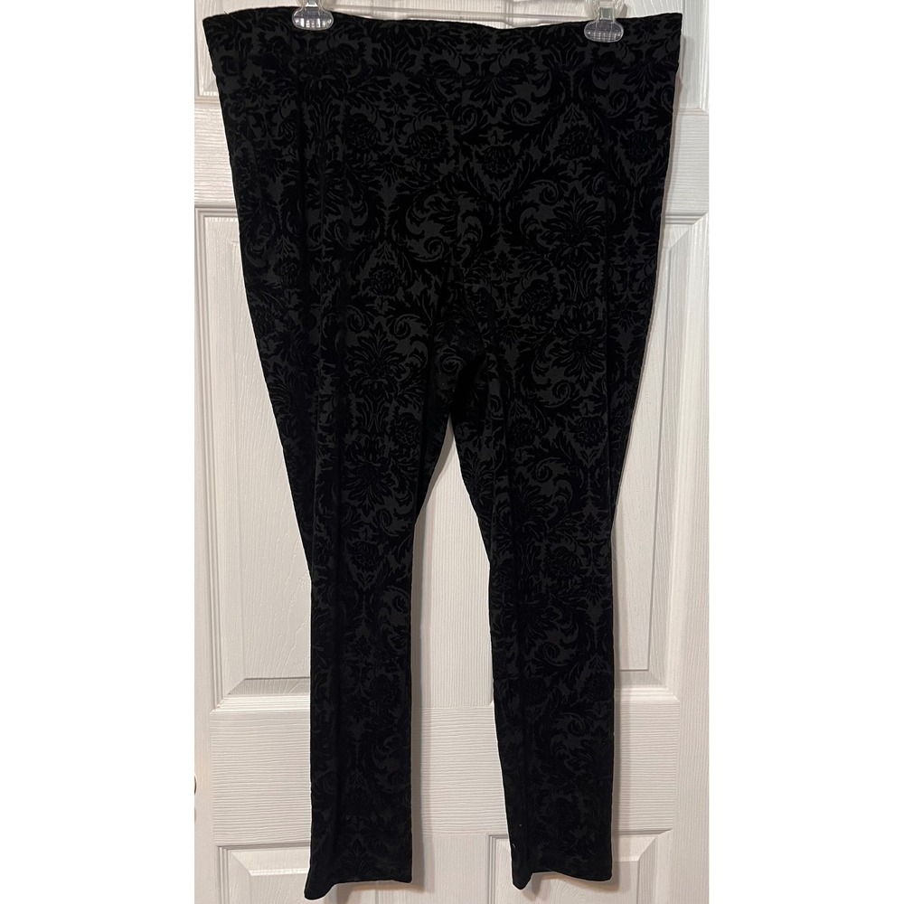 Roz & Ali Black Flocked Velvet Damask Leggings Plus Size 2X Slim Fit Pull On